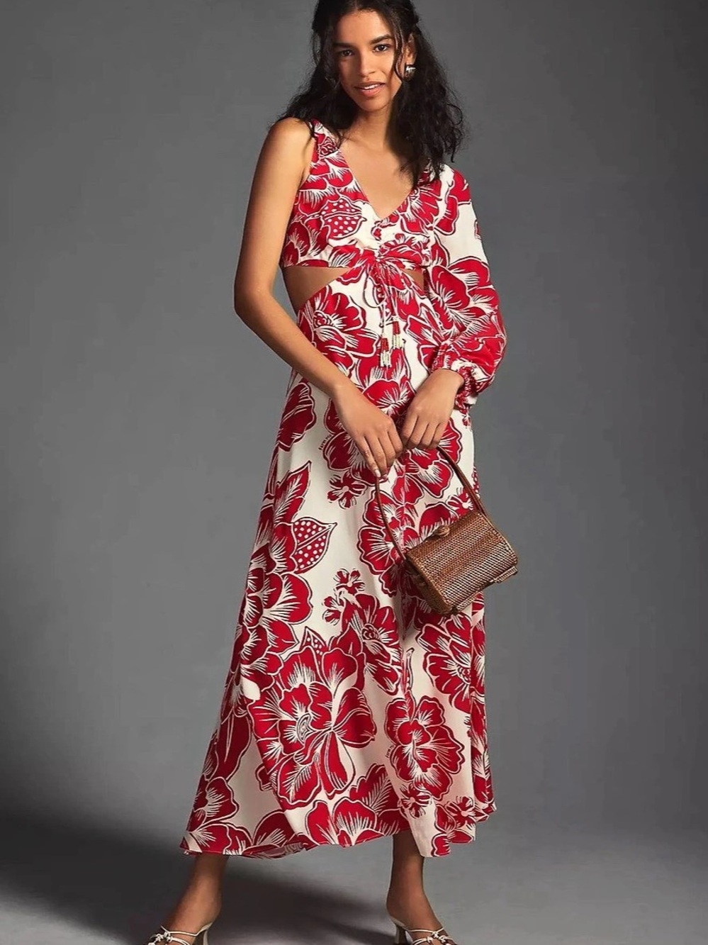 FARM Rio One-Shoulder Cut Out Flower Dress in Red & White